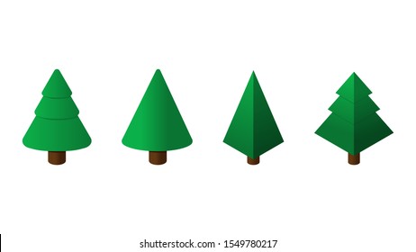 Isometric Christmas trees set. Collection of cone and pyramid shaped isometric trees isolated on white background. Low poly vector Christmas, New Year symbol for website, app, game, card, banners