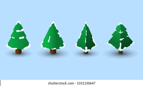 Isometric Christmas trees set. Snow on green tree. Cone and pyramid shaped trees collection isolated on blue background. Vector illustration of New Year symbol for website, app, game, card, banners