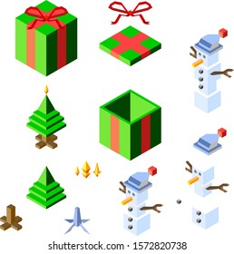 Isometric christmas vector pack, giff box, snowman and tree