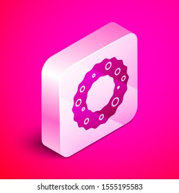 Isometric Christmas wreath icon isolated on pink background. Merry Christmas and Happy New Year. Silver square button. Vector Illustration