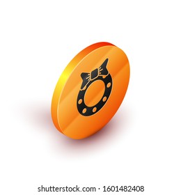 Isometric Christmas wreath icon isolated on white background. Merry Christmas and Happy New Year. Orange circle button. Vector Illustration