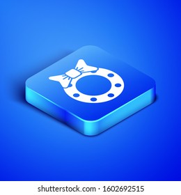 Isometric Christmas wreath icon isolated on blue background. Merry Christmas and Happy New Year. Blue square button. Vector Illustration
