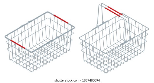 Isometric chrome plated wire metal double handles square empty shopping basket. Shopping basket isolated on a white background.