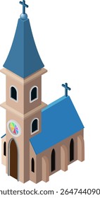 Isometric Church Building with Cross and Stained Glass Window