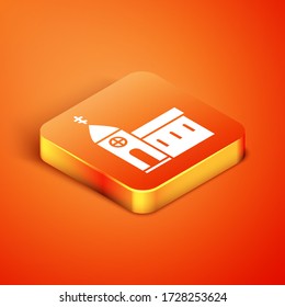Isometric Church building icon isolated on orange background. Christian Church. Religion of church. Vector Illustration