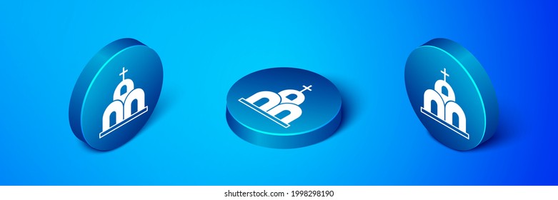 Isometric Church building icon isolated on blue background. Christian Church. Religion of church. Blue circle button. Vector