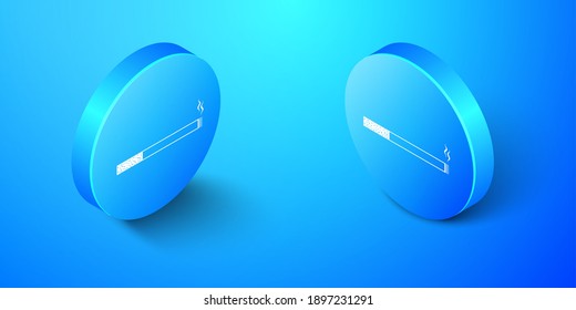 Icono de cigarrillo isométrico aislado en fondo azul. Señal de tabaco. Símbolo de tabaco. Botón de círculo azul. Vector.