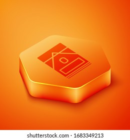Isometric Cigarettes pack box icon isolated on orange background. Cigarettes pack. Orange hexagon button. Vector Illustration
