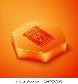 Isometric Cigarettes pack box icon isolated on orange background. Cigarettes pack. Orange hexagon button. Vector Illustration