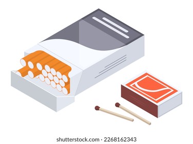 Paquete de cigarrillos isométricos. Productos para fumar tabaco, cigarrillos y fósforos caja 3d ilustración vectorial