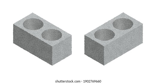 Isometric Cinder Block Isolated On White Background. Gray Brick. Concrete Building Block Icon. Construction. Flat 3d Isometric Vector Cement Block Icon Illustration.