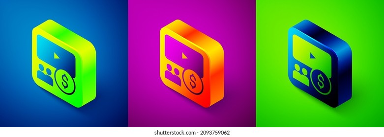 Auditorio de cine isométrico con icono de pantalla aislado en fondo azul, púrpura y verde. Botón cuadrado. Vector
