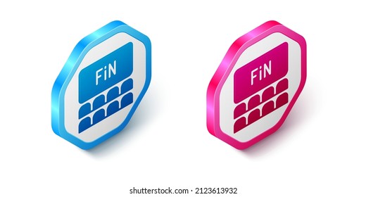 Isometric Cinema auditorium with screen icon isolated on white background. Hexagon button. Vector