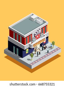 Isometric cinema building with people at entrance on yellow background 3d vector illustration