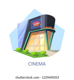 Isometric cinema or building for watching 3d movie or film. Cinematography structure or exterior view at construction for entertainment. Art and performance, leisure and panorama theme