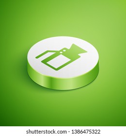 Isometric Cinema camera icon isolated on green background. Video camera. Movie sign. Film projector. White circle button. Vector Illustration