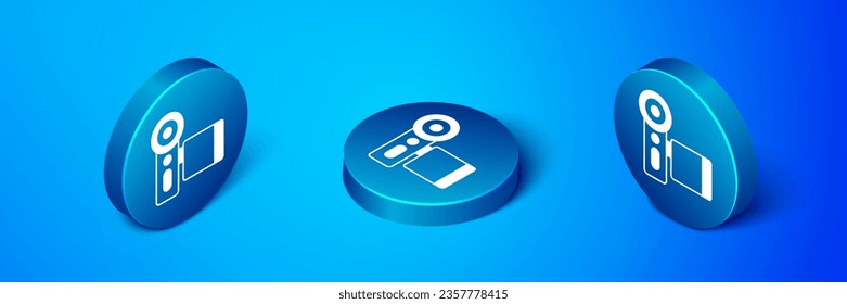 Isometric Cinema camera icon isolated on blue background. Video camera. Movie sign. Film projector. Blue circle button. Vector