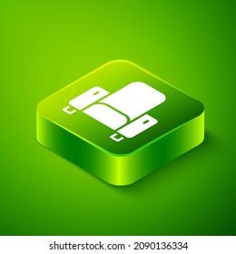 Isometric Cinema chair icon isolated on green background. Green square button. Vector