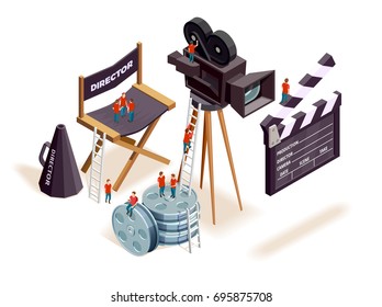Isometric cinema composition with the little people climbing on motion picture filming equipment and directors seat vector illustration