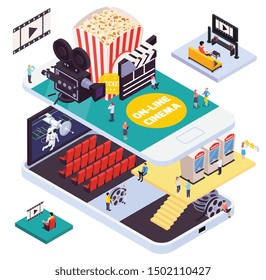 Isometric cinema composition with smartphone shaped platforms and movie theater insides with furniture screens and people vector illustration