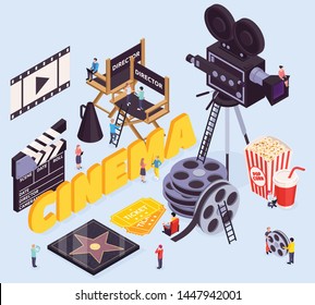 Isometric cinema composition with text and movie making tools directors chairs reel and camera with people vector illustration