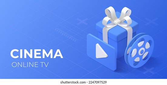 Isometric cinema concept web page. Website template banner. Online movie service.