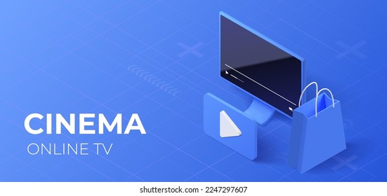 Página web del concepto de cine isométrico. Banner de plantilla de sitio web. Servicio de películas en línea.