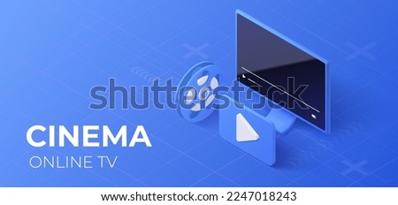 Isometric cinema concept web page. Website template banner. Online movie service.