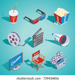 Isometric Cinema Elements Set With Soda Popcorn Glasses Film Reel Clapper Loudspeaker Screen Director Chair Camera Isolated Vector Illustration