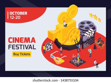 Isometric Cinema Festival Horizontal Banner With Editable Date Text Buy Tickets Button And Golden Camera Image Vector Illustration