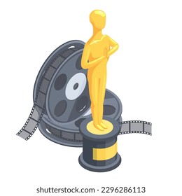 Isometric cinema golden reward. Movie theatre film and golden figurine 3d vector illustration isolated on white background