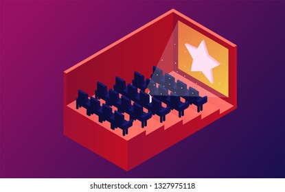 Isometric cinema. Cinema hall with rows of seats with a seated girl. Vector illustration. Purple background.
