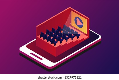 Isometric Cinema. Cinema Hall With Rows Of Seats. Vector Illustration. Online Cinema On The Phone. Purple Background.