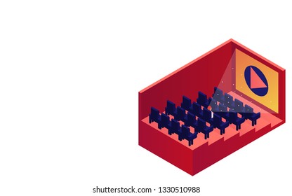 Isometric cinema. Cinema hall with rows of seats. Vector illustration. White background and space for text.