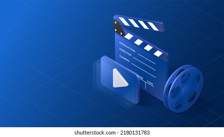 Isometric cinema illustration. Movie concept. Clapper, reel and play button objects.