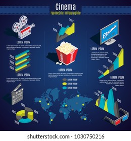 Isometric cinema infographic template with camera popcorn monitor clapper glasses diagrams charts world map vector illustration 