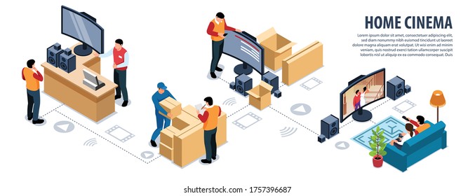 infografías de cine isométricas con silueta de texto editable pictogramas de aplicaciones de streaming de películas y equipo de tv instalando ilustración vectorial