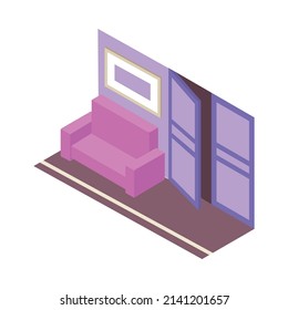 Isometric cinema interior with sofa and hall doors 3d vector illustration