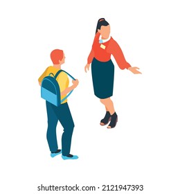 Isometric cinema movie composition with isolated human characters of female worker and teenage visitor vector illustration