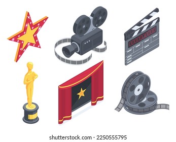 Isometric cinema movie symbols. Movie theatre film, projector, golden reward and сlapperboard 3d vector illustration set isolated on white background
