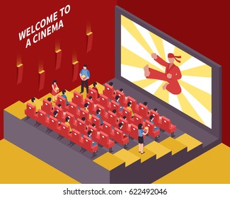 Isometric cinema movie theater indoor composition with cinema hall and rows of seats with sitting people vector illustration