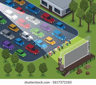 Isometric cinema outdoor composition with open air scenery rows of cars and sitting people with screen vector illustration