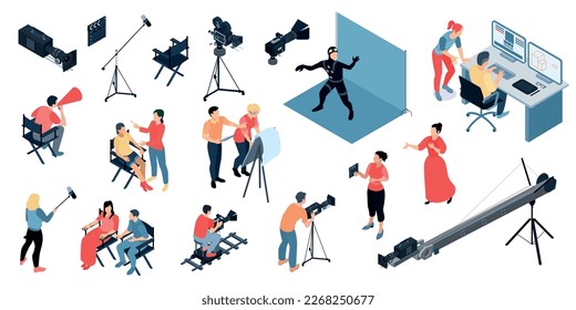 Isometric cinema production cinematography set with isolated icons of shooting equipment with people on blank background vector illustration