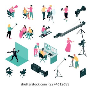 Isometric cinema production color set with isolated icons of professional filming equipment techniques and human characters vector illustration