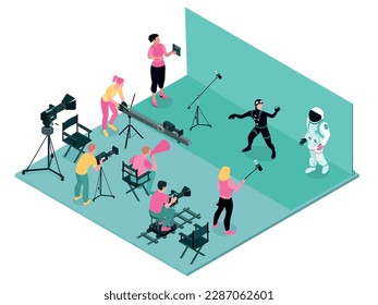 Isometric cinema production composition with isolated view of filming location with chroma key and human characters vector illustration