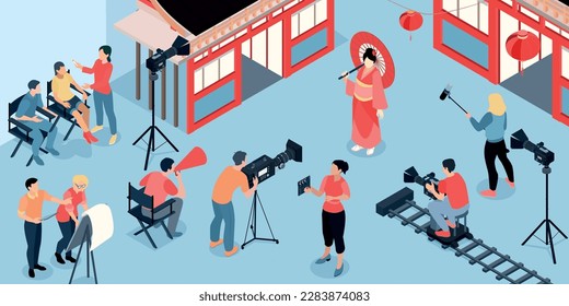 Isometric cinema production composition with view of filming location with historic japanese set and shooting crew vector illustration