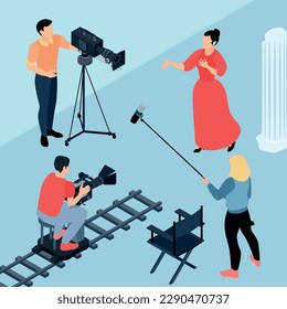 Isometric cinema production composition with view of shooting crew with professional equipment filming actress near column vector illustration