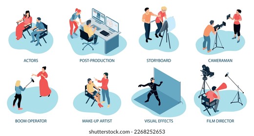 Isometric cinema production compositions set with editable text captions and scenes of collaborating shooting crew members vector illustration