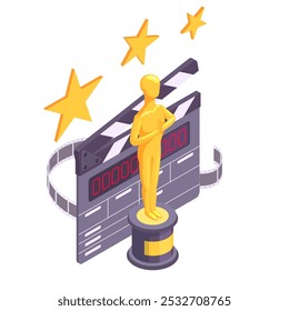 Isometric cinema reward. Cinema сlapperboard, film and golden figurine 3d vector illustration. Movie, film production symbols on white background