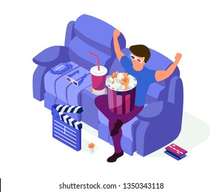 Isometric cinema seats with pop corn, cola, eyeglasses and tickets. Isolated doodle on a white background. Man sit on a cinema and watch 3d movie